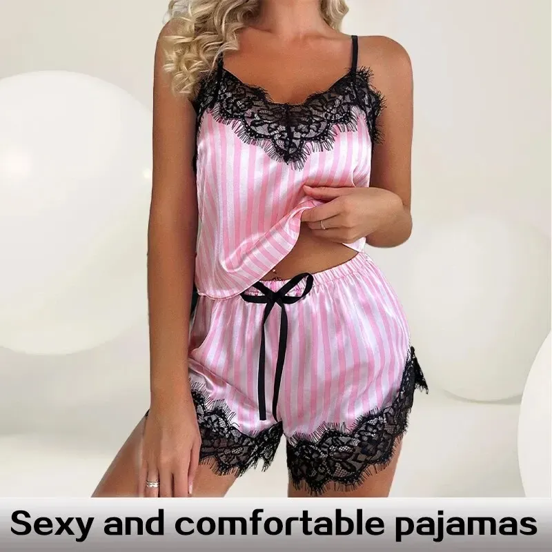 Zwei Stück Sommer Eis Seide frauen V-ausschnitt Sexy Spitze Hosenträger Pyjama Shorts Set Casual frauen Ärmellose Sexy Homewear