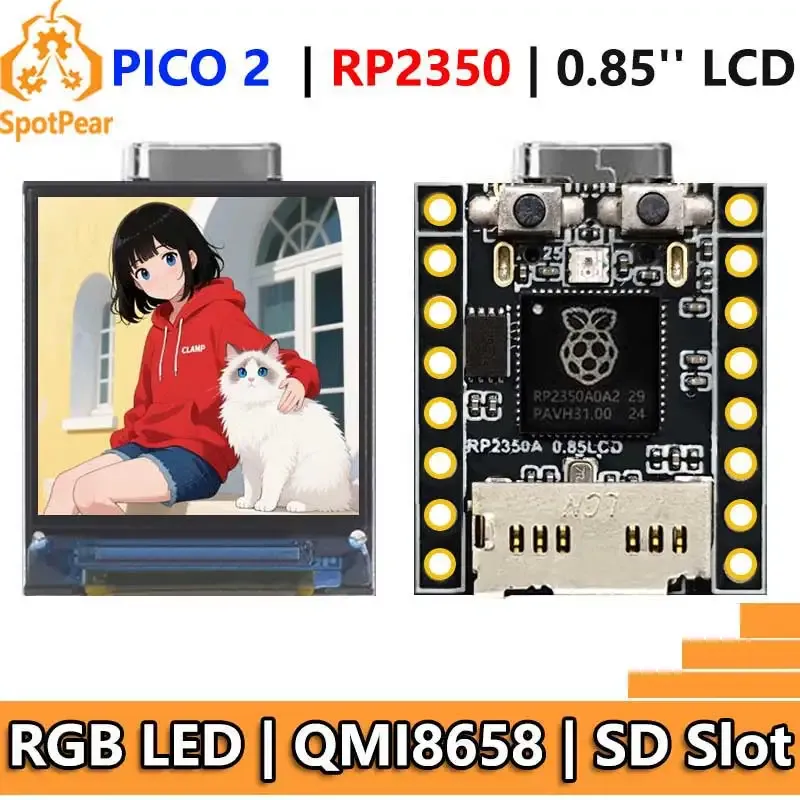 Raspberry Pi Pico 2 RP2350 0,85 Zoll LCD-Display Mini-Entwicklungsplatine 0,85 Zoll Bildschirm RGB LED/SD-Steckplatz /QMI8658 Gyroskop-Senso