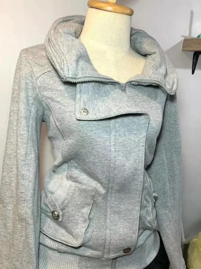 Graues Retro-Sweatshirt für Damen, Vintage-Stil, High-End-Mode, Kapuzenpullover, Frühling und Herbst, Damen-Kapuzenjacke, 2025, neuer Damenmantel