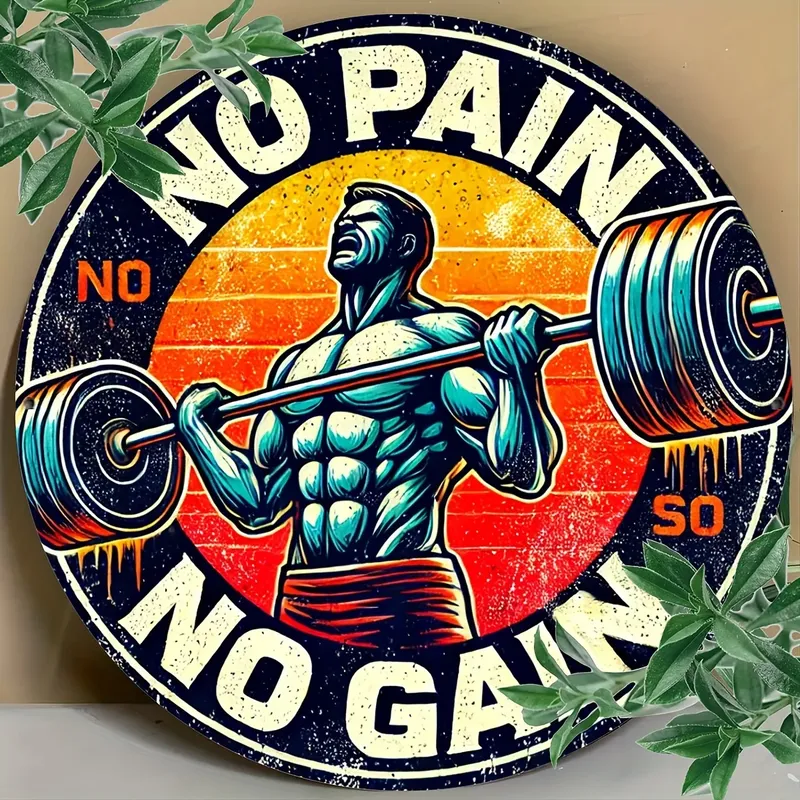 1 Stück Vintage-inspiriertes „No Pain No Gain“ Aluminium-Wandkunstschild – 20,3 x 20,3 cm rundes motivierendes Fitness-Dekor mit Hantel