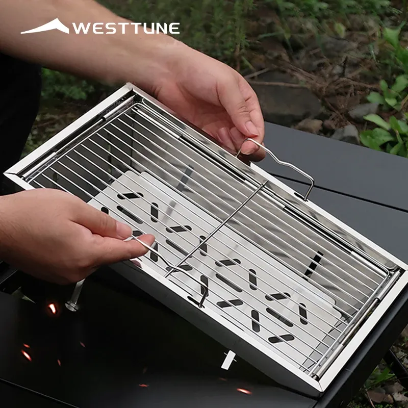 WESTTUNE IGT Barbecue Grill, zusammenklappbar, Holzkohle, Brennholzofen, Heizung, tragbar, für Camping, Picknick, Kochgeschirr, Edelstahl, Grillregal