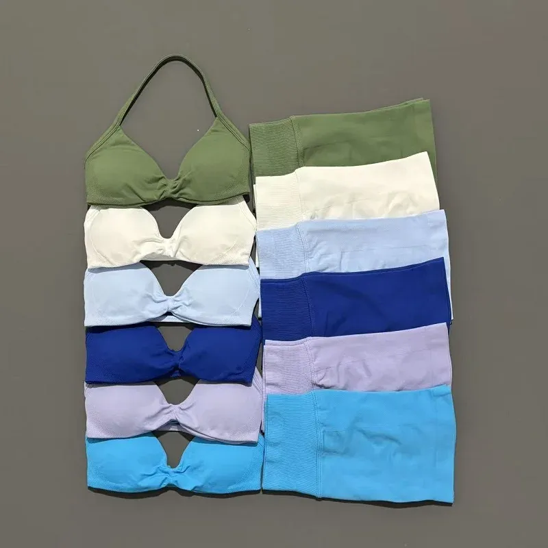 2-teiliges Sport-Gymnastik-Set mit Riemchen-BH, Yoga-Unterwäsche, kurze Sport-Leggings, Fahrrad, Laufen, Sportbekleidung, nahtloses Yoga-Set für Damen