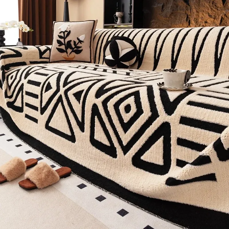 1 Stück böhmisches Jacquard-Sofahandtuch aus warmem, getuftetem Fleece, weiche, dicke Decke im Boho-Stil für Wohnzimmer, Couch, Sofabezug