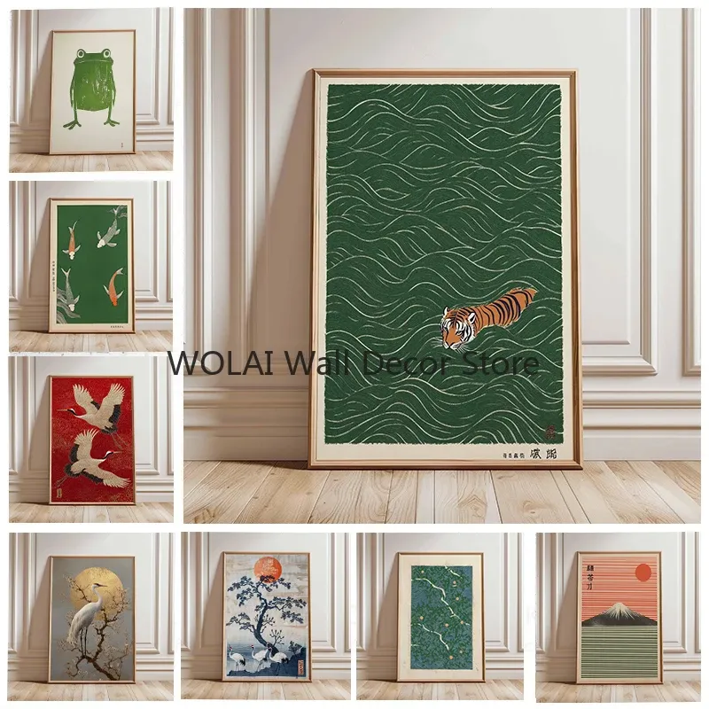 Japanischer Tiger, zum Schwimmen, Leinwanddruck, Koi-Fisch, Frosch, Kranich, Tier-Wandkunst, Poster für modernes Wohnzimmer, asiatischer Stil, Heimdekoration