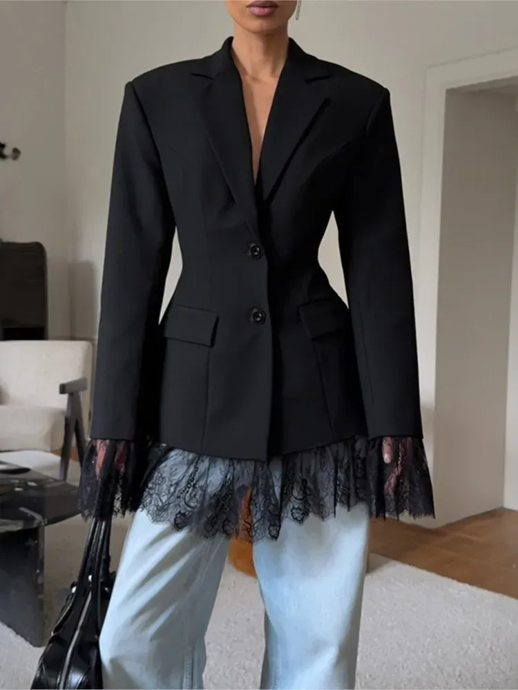 Elegante Spitze Blazer Mantel Frauen Mode Büro Dame Volle Hülse Einreiher Jacken 2025, Neue Herbst Schwarz Beiläufige Dünne Mäntel