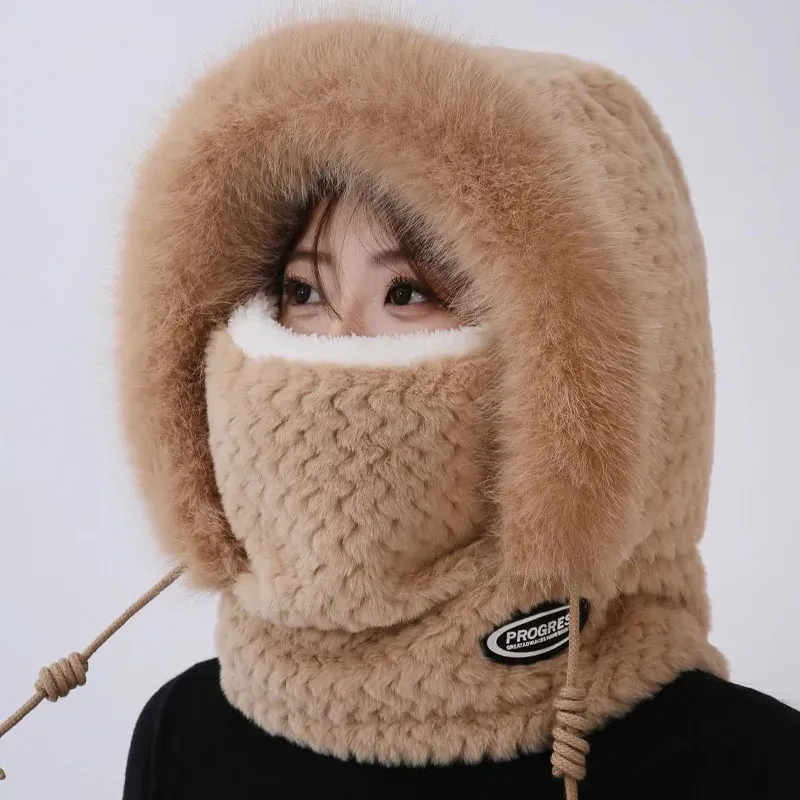 Herbst und Winter Damen Thermo-Plüschmütze, Kapuze, Schal und Maske, Gehörschutz, winddicht, dickes Design zum Reiten im Freien