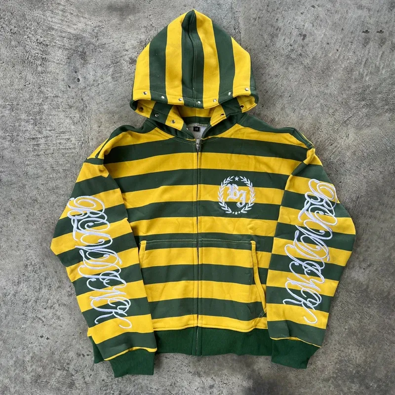 Y2K Street Kid Zip Up Hoodie Streifen Nieten Stickerei Muster Sweatshirt Neue Männer Hip Hop Mode Streetwear Unisex Boxy Kleidung