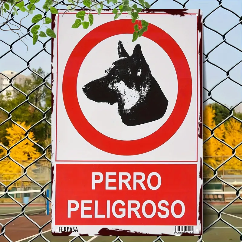 Metall-Blechschild „Dangerous Dog Warning“, rot-weißer zweisprachiger spanischer/englischer Text, rustikale Wanddekoration für Zuhause, Büro, Bar