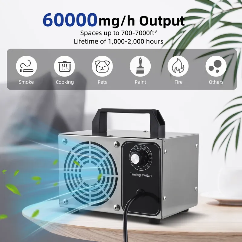 Ozongenerator, Edelstahl, Ozonmaschine, Geruchsentfernung, Ionisator, Luftreiniger, Ozon für Zuhause, Auto, Haustier, mit tragbarem Griff, 0–60