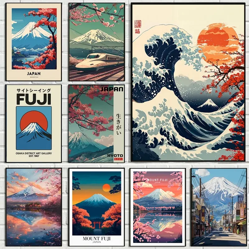 1 Stück rahmenloses japanisches Poster Mount Fuji Plum Blossom Wave Leinwandgemälde moderne ästhetische Dekoration für Familie Wohnzimmer Schlafzimmer