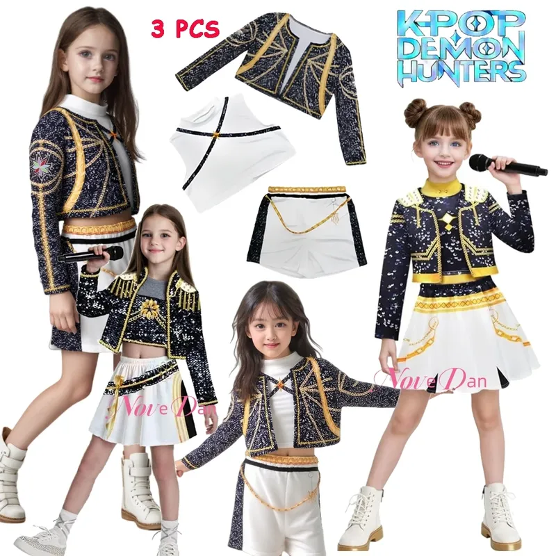KPDH KDPop Kinderkostüm Set Golden Huntrix Rumi Zoey Mira Cosplay Mädchen 3D-Druck Bühnenkleidung Halloween Party Outfit