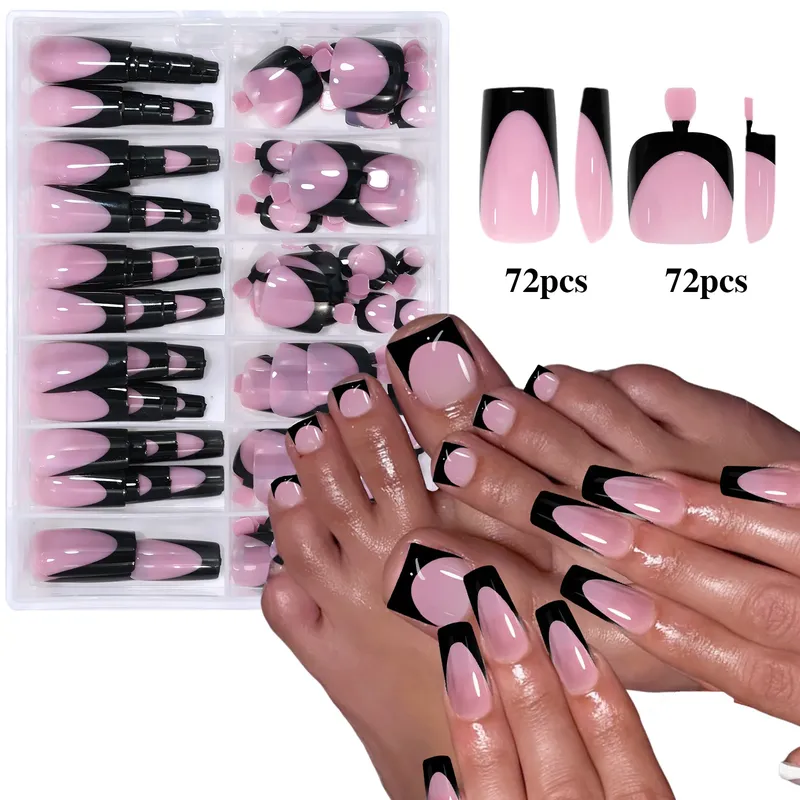 144 Stück French Black Pink Hand&Foot WearIng Nagelset Kurze quadratische künstliche Nägel zum Aufdrücken, Acryl, vollständige Abdeckung, praktische Nagelkunst