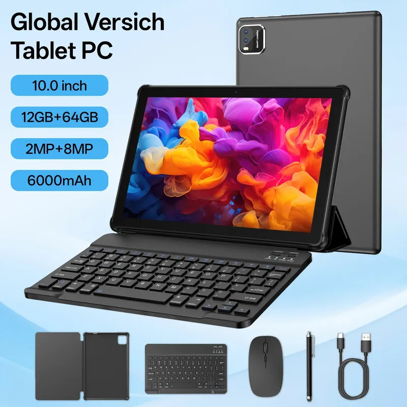 10-Zoll-Tablet-PC, Android 15-System, Quad-Core-Prozessor, 12 (3+9) GB + 64 GB Speicher, erweiterbar bis zu 1 TB, unterstützt WLAN 6,