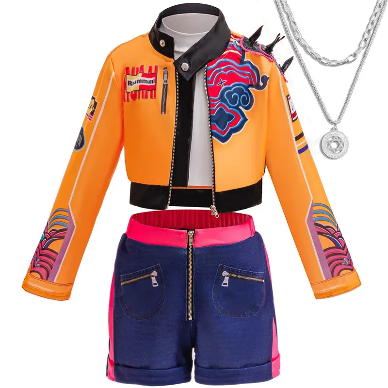 Korea Mädchen K--pop Teufel Pop Sänger Jacke Kostüme Mantel Top Shorts Quaste Halskette Perücke Perücken Halloween Cosplay Set