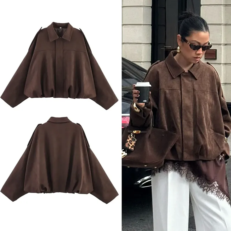 HH Damen Street Fashion Solid Loose Wildleder Textur Mäntel Kausal Lange Fledermausärmel Revers Reißverschluss Winter Vintage Jacken