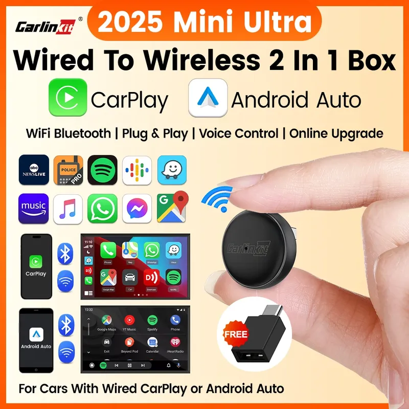 Mini Ultra 3 CarlinKit 5.0 Wireless-Adapter, kabelloses CarPlay, Android Auto für OEM-Auto, Plug & Play, WiFi, Bluetooth, automatische Verbindung