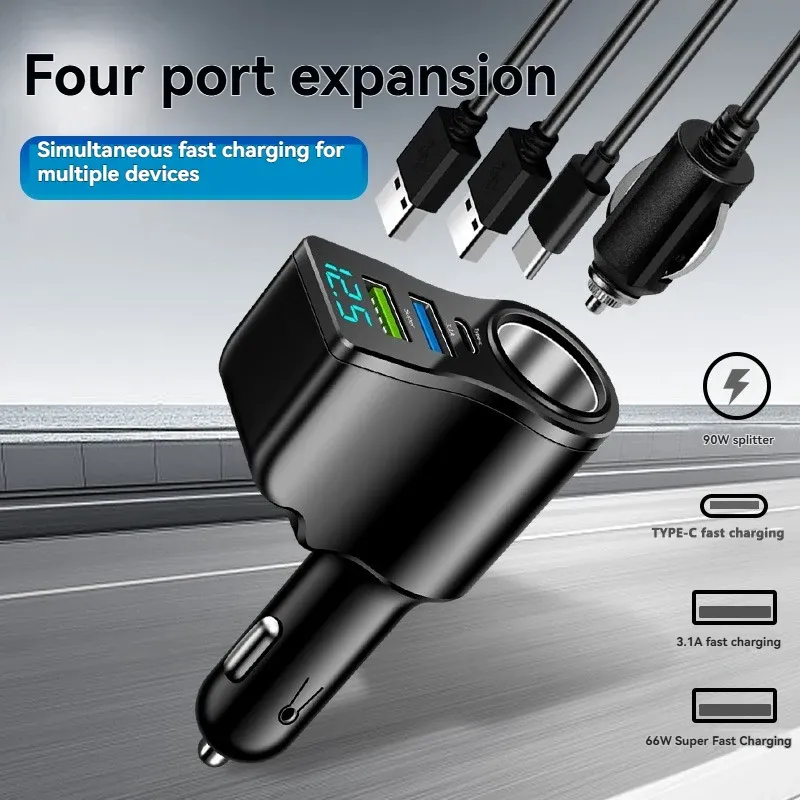 Neues digitales Display Auto-Schnellladegerät Dual-USB-Autoladegerät Auto-Eins-zu-Drei-Zigarettenanzünder 66W Multifunktionales Autoladegerät