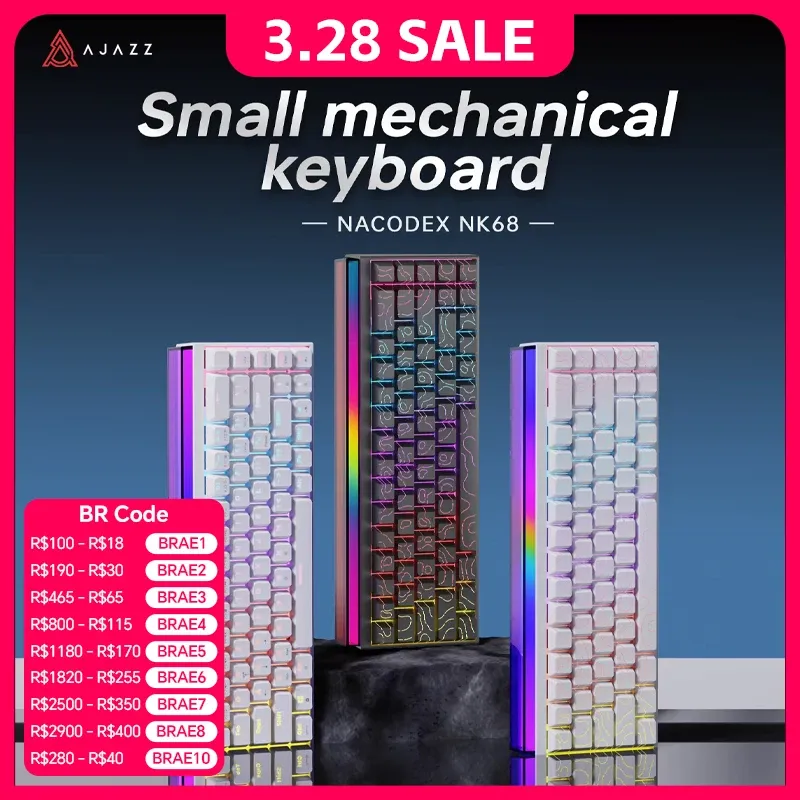 Neue Ajazz Nacodex Nk68 mechanische Tastatur, Gelände-Tastenkappe, RGB-Lichtleiste, 68 Tasten, kabelgebunden, Gaming, Büro, kabelgebundene Verbindungstastatur
