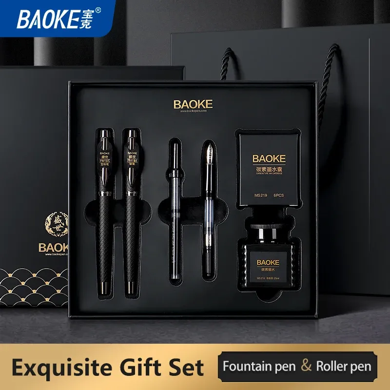 BAOKE T18/T19/T20 Schwarz-Grau-Füllfederhalter-Geschenkset, inklusive Tintenflasche, 6 Patronen, exquisites Paket, glatte Schreibstifte