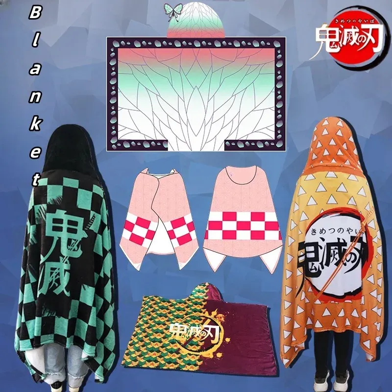 Weiche Demon Slayer Hoodie Decke Tragbare Tanjirou No Yaiba Anime Plaid Schal Wrap Nickerchen Quilt Bequeme Pyjamas Erwachsene Bademantel