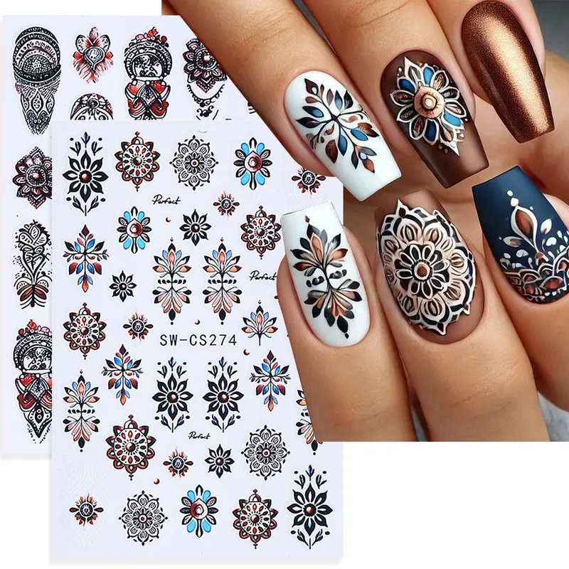 2 Stück böhmische Nagelaufkleber schwarz braun Retro Stickerei Boho Stil Blumen Design selbstklebende Nagelaufkleber DIY Maniküre Slider Dekor