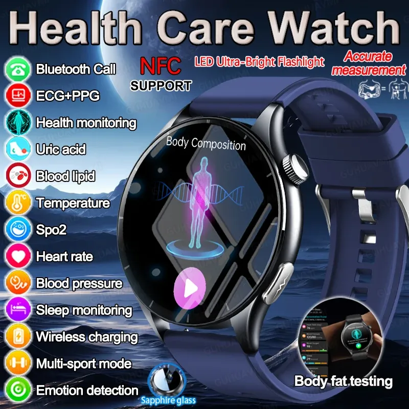 2025 Neuer NFC-Gesundheitsmonitor, Urinsäure, Blutdruck, Blutsauerstoff, Körperanalyse, Smartwatch, EKG + PPG, Uhr, Smartwatch für Männer und Damen