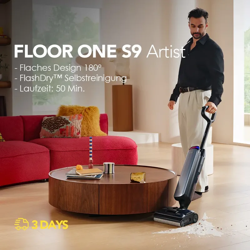 Tineco Floor One S9 Artist Odkurzacz na mokro i sucho, ssanie 22 kPa, konstrukcja zapobiegająca splątaniu, samooczyszczanie, wydłużona żywotność akumulatora, czas pracy 50 min, czyszczenie dwóch krawędzi, układanie pod kątem 180°