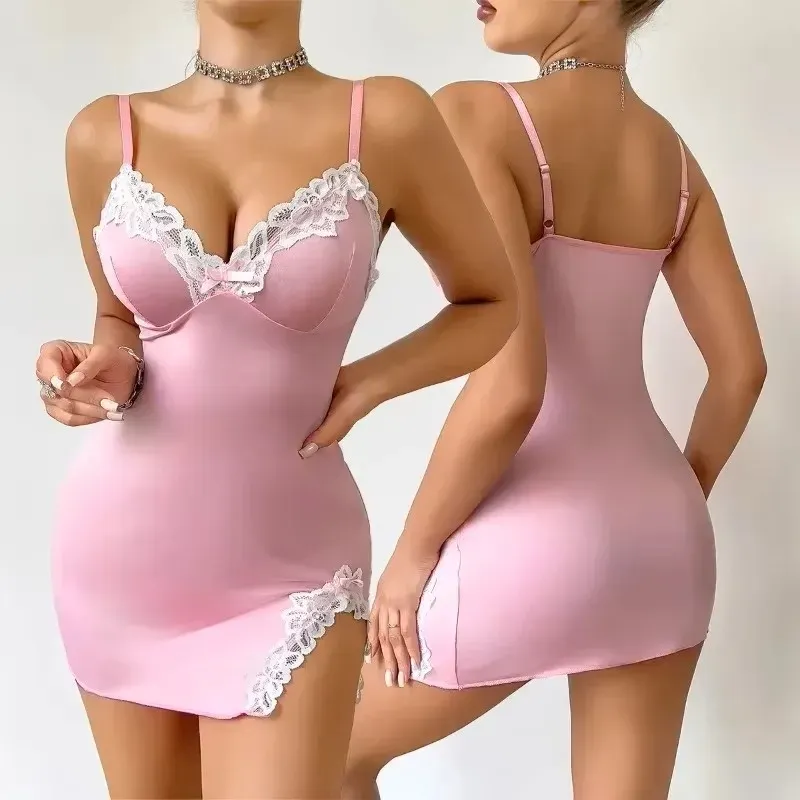 Sommer heiße Frauen Nachthemd Verführerische Rosa Tiefem V Ärmellose Mode Spitze Schlaf Pyjamas Kleid Damen Dessous Nachthemd Homewear
