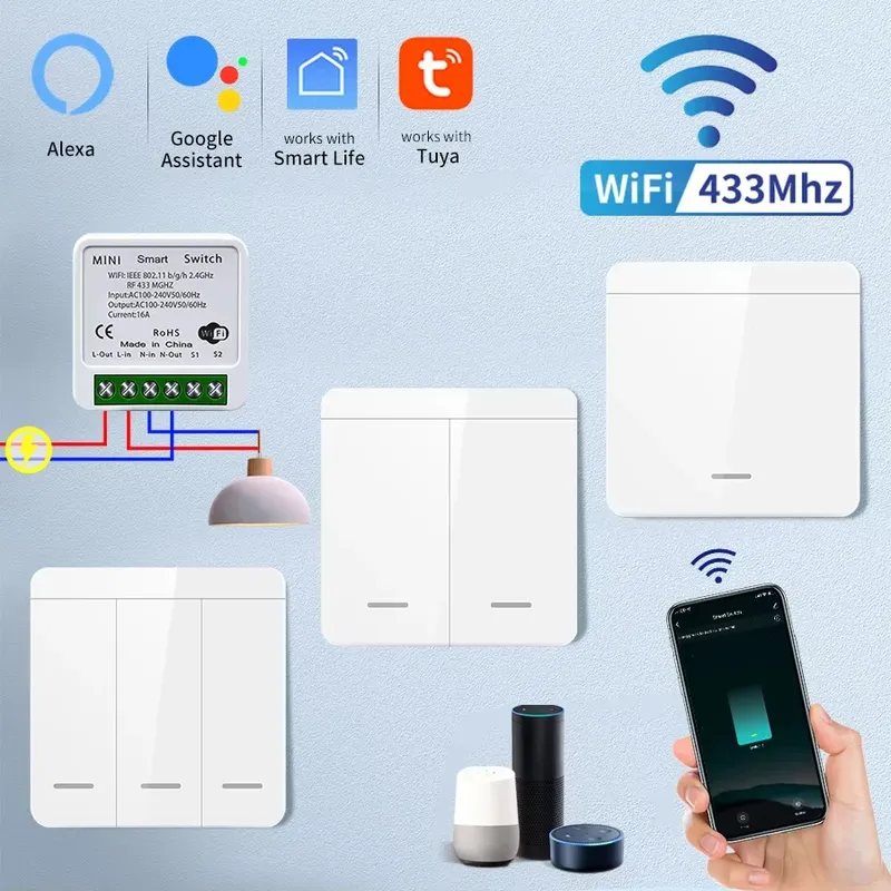 Tuya WiFi Smart Licht Schalter Smart Home Drahtlose RF 433 mhz Push Button Wand Schalter Über Alexa Google Home Alice smart Leben App