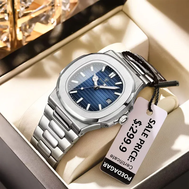 POEDAGAR Platz Luxus Männer Armbanduhr Wasserdicht Leucht Datum Edelstahl Männliche Uhr Business Sport Quarz Uhren Für Männer