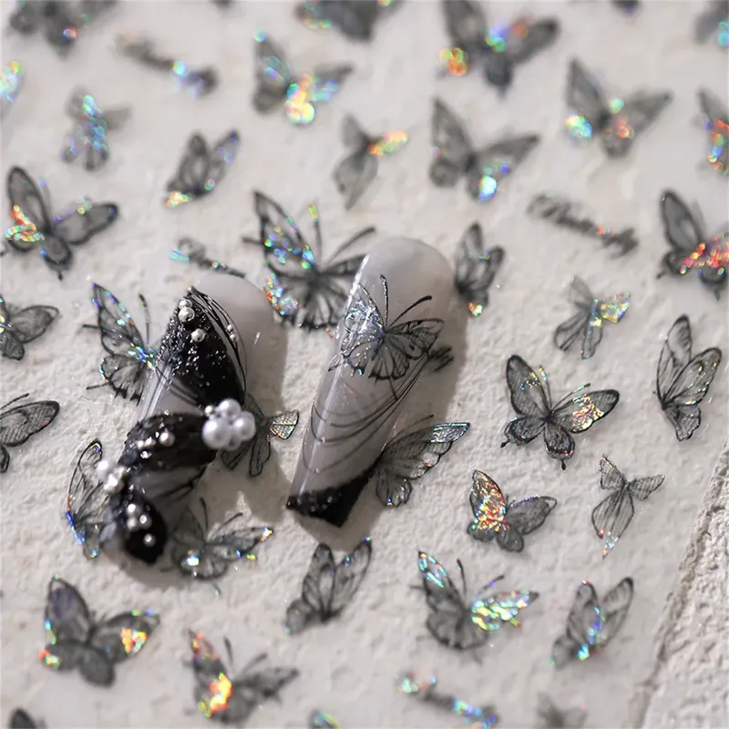 1 Stück 5D japanische schwarze Schmetterling Nail Art Aufkleber Glitzer glänzend Kawaii selbstklebende Maniküre Dekorationen Werkzeug Aufkleber Zubehör