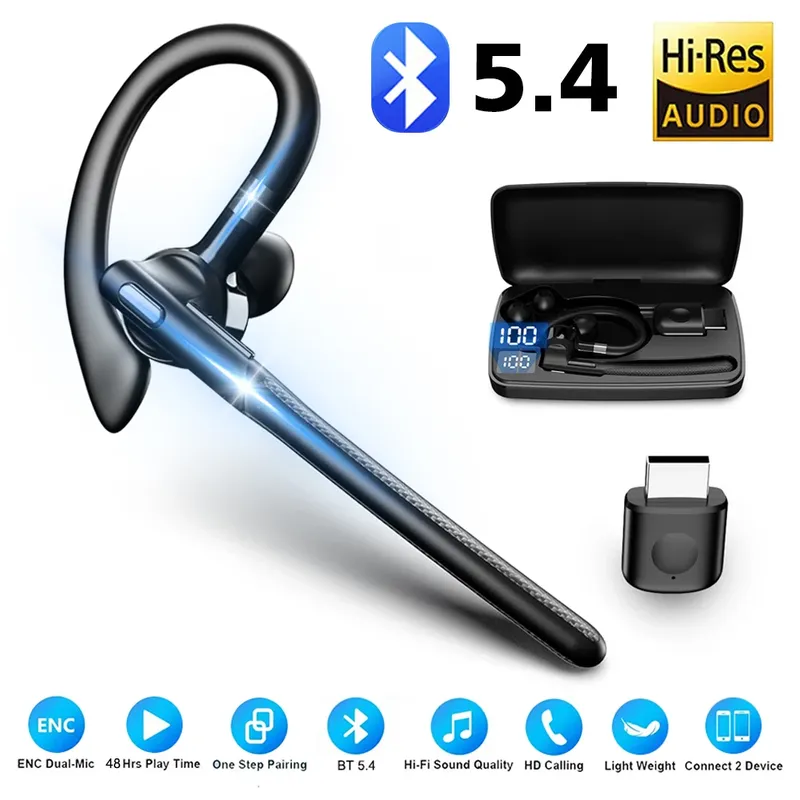Bluetooth 5.4 Wireless Headset Ohrbügel Einzelohr-Fahrkopfhörer mit Dual-Mic CVC8.0-Freisprech-Ohrhörer mit Geräuschunterdrückung