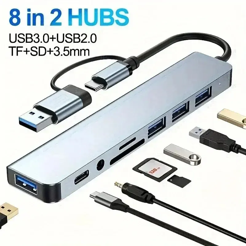 8-in-1-USB-HUB mit Splitter-Lesegerät, USB-C-Anschluss, 3 0 2 0 SD TF-Karten-Dockingstation