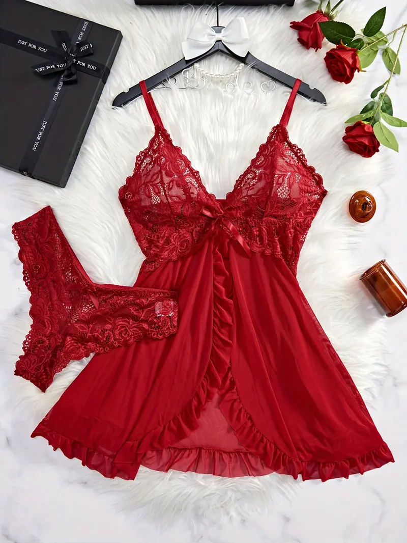 Spitze Dessous Set Damen Sexy Babydoll Chemise Romantische Rüschen Nachthemd Zarte Höschen Set Neue Heiße Mode Geschenk Luxuriou