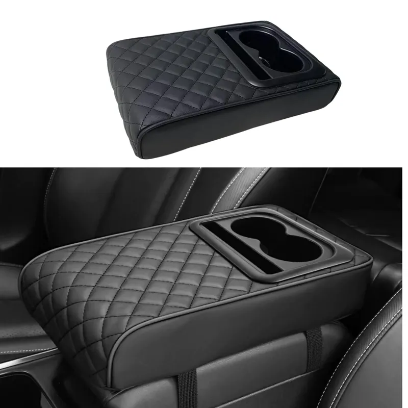 Auto-Armlehnen-Konsolen-Extender mit 2 Getränkehaltern, Erhöhungspolster, PU-Leder, universelle Auto-Innenraum-Aufbewahrungsbox, Taschentuch-Organizer