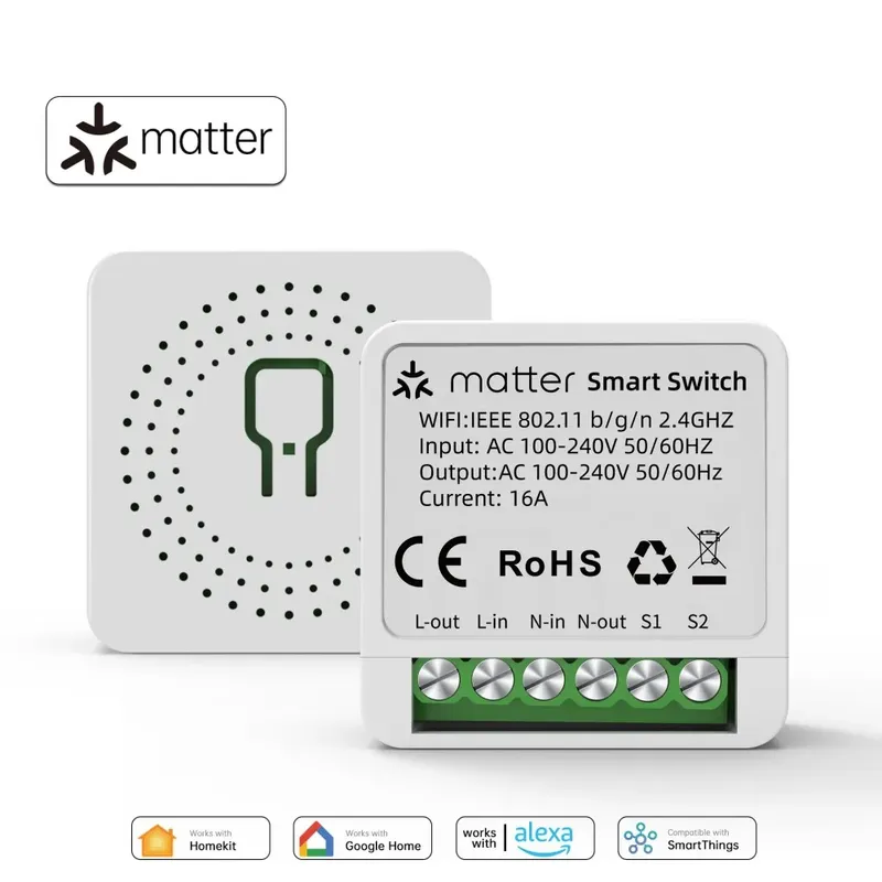 Matter WiFi Smart Switch 16A Smart Home Lichtschalter Relaismodul Sprachsteuerung Funktioniert mit Alexa Google Homekit Smartthings Tuya