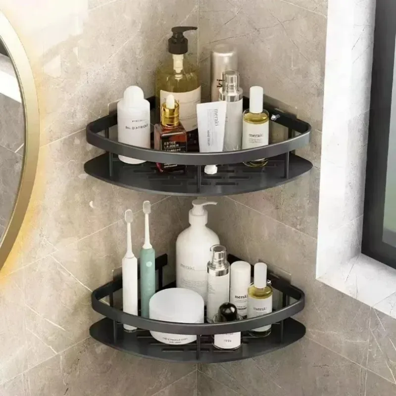 Bohrfreier Badezimmer-Eckregal-Organizer zur Wandmontage mit Klebebefestigung und Abtropfkorb