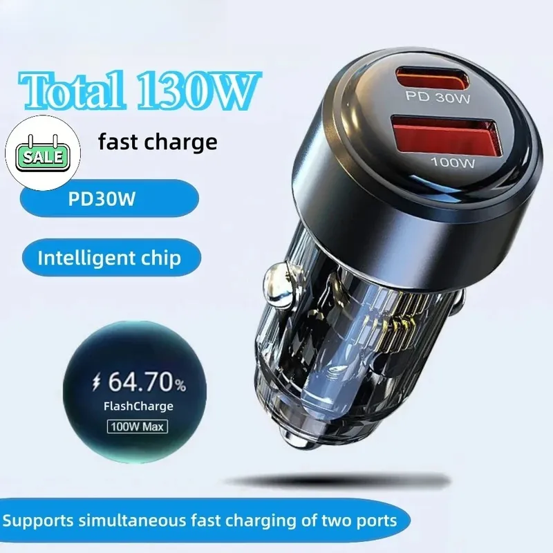 Insgesamt 130 W USB-Autoladegerät-Adapter, Schnellladung, Typ C, Schnellladegerät im Auto für iPhone 15 Xiaomi 14 Huawei Handy-Ladegerät