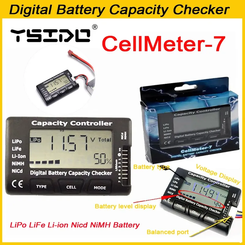 YSIDO RC CellMeter-7 Digital LiPo LiFe Li-ion Nicd NiMH Batteriekapazitätsprüfer Batteriespannungstester Control CellMeter7