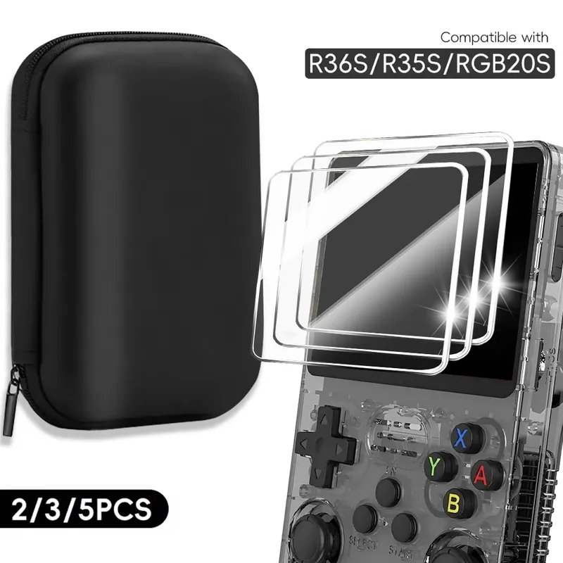 Displayschutzfolie + tragbare Tragetasche für R36S Handkonsole, Aufbewahrungstasche und kratzfestes gehärtetes Glas für R36S-Zubehör