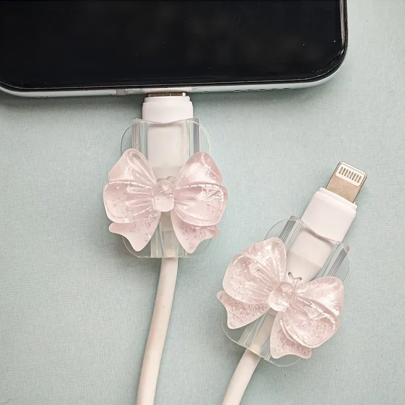 2Pcs Schöne Rosa Schleife Silikon Ladegerät Kabel Schutzhülle Kabel Halter Clip Anti-brechen Transparent Kabel Abdeckung Wrap