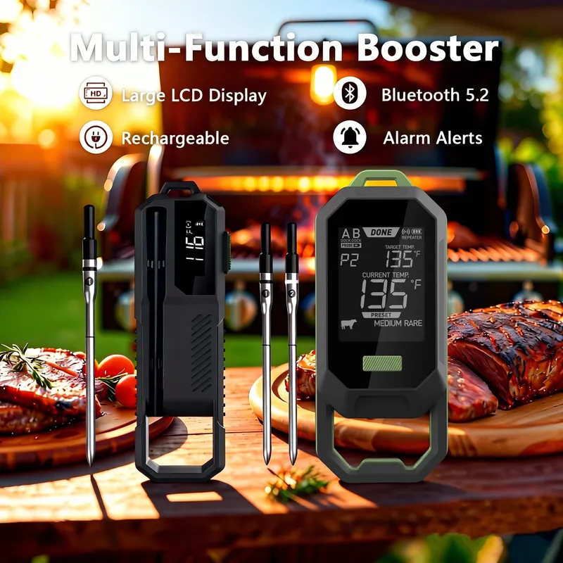 Kabelloses Fleischthermometer, Bluetooth-Sonde, Echtzeit-Umgebungs- und Lebensmitteltemperaturverfolgung zum Kochen, Grillen, Räuchern