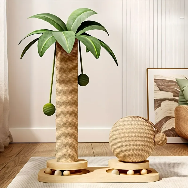 Kokosnussbaum-Katzenkratzbaum und Spielturm, 2-in-1-Katzenaktivitätsbaum aus Sisal und Massivholz mit hängenden Bällen, platzsparend