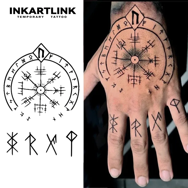 Inkartlink Temporary Tattoo, präsentiert Norse – Von Wikinger inspirierte Runen und ein kreisförmiger symbolischer Kompass – wie Design mit Intricat