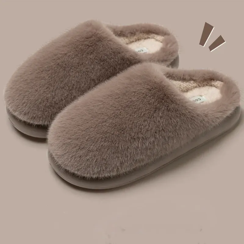 Faux Furry Warm Home Baumwolle Hausschuhe Frauen 2025, Winter geschlossene Zehen Plattform Plüsch Hausschuhe Frau gemütliche rutschfeste Baumwolle Rutschen Dame