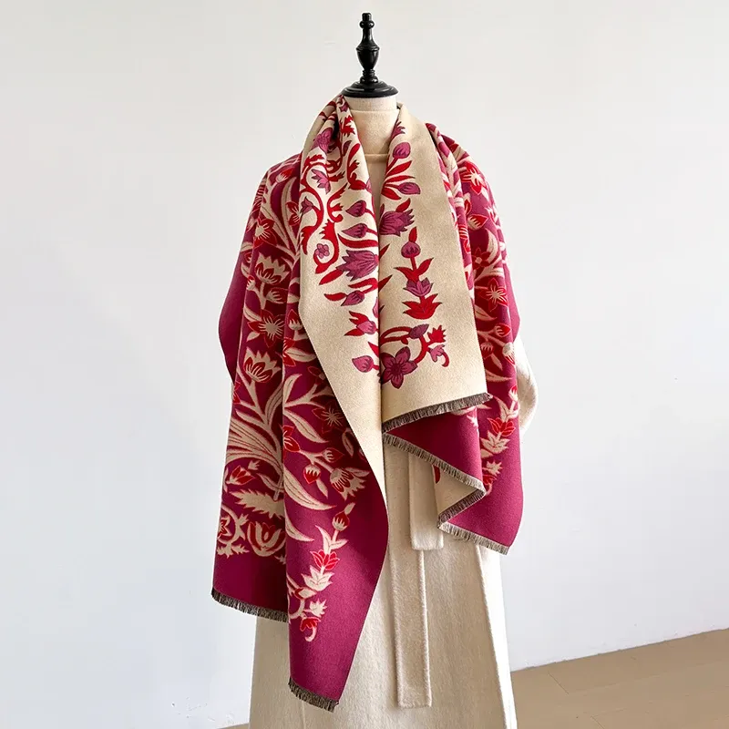 Eleganter Damen-Pashmina-Schal aus Jacquard mit Blumenmuster – dicker, warmer, doppelseitiger Winter-Quastendesign, kältebeständiger, winddichter Deckenschal