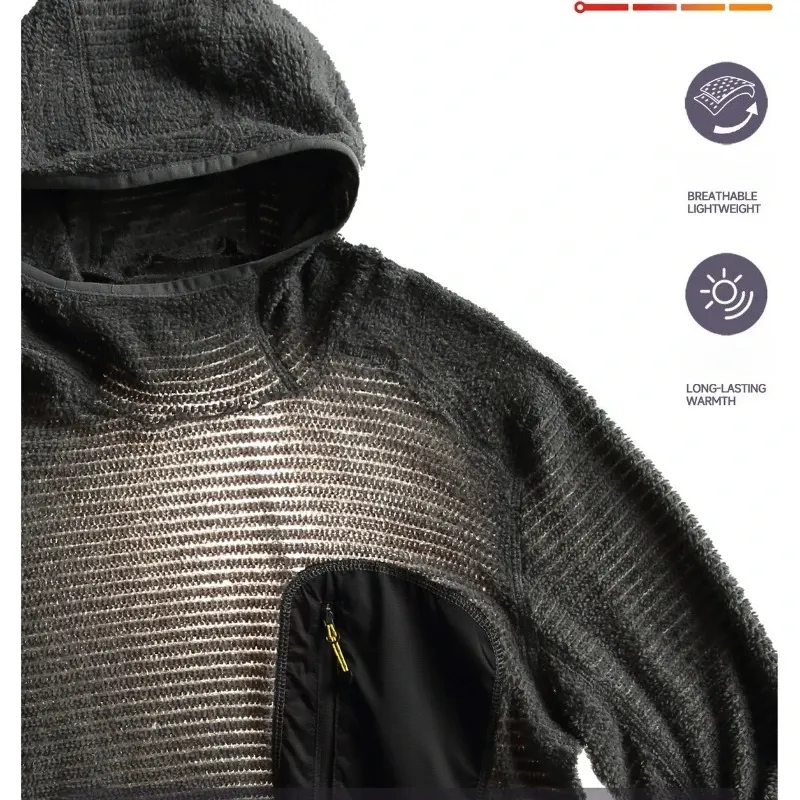 Thermolite ®   Ganzjahres 190g Ultraleichter Atmungsaktiver Thermo-Hoodie, Urban Outdoor Techwear Zwischenschicht mit Daumenlöchern & Reißverschlusstasche