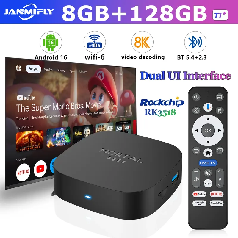 2025 Neue Android-TV-Box T1+ Rockchip RK3518 Android 16 8 GB RAM 128 GB ROM WiFi 6 BT 5.4 Dual UI 8K Ultra HD Smart Media Player
