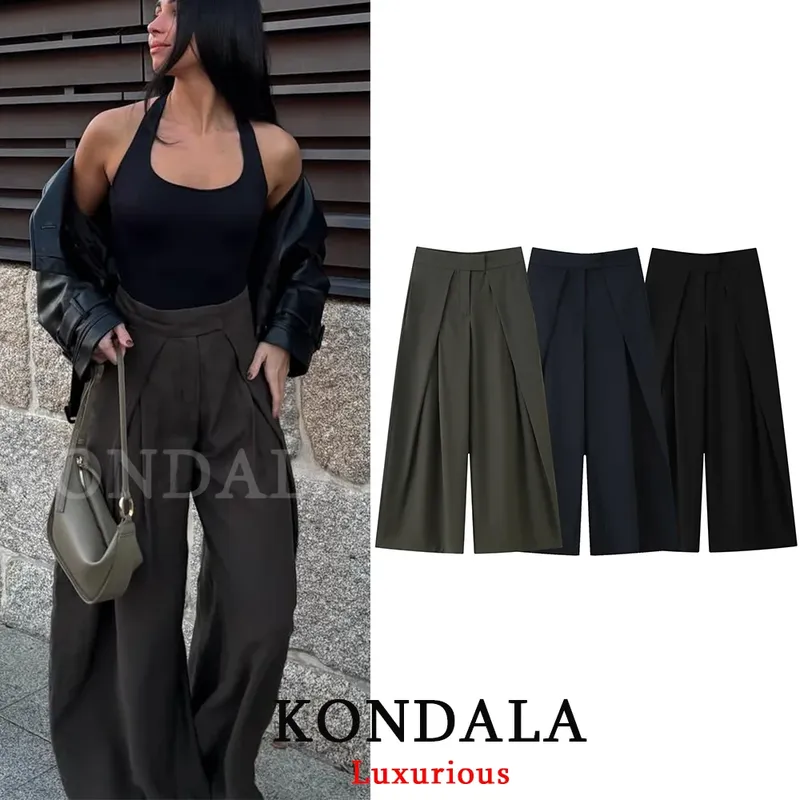 KONDALA Casual Chic Breite Bein Hosen Frauen Büro Dame Taschen Gefaltete Lange Hosen Mode 2026 Frühling Sommer Streetwear Hosen
