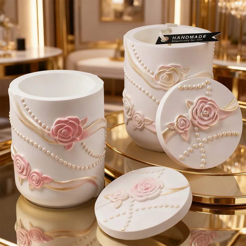 Zylindrische Beton Vorratsdose Silikonform Set DIY geprägtes Perlenband Rose Vase Schmuck Aufbewahrungsbehälter Form Handwerk Geschenk
